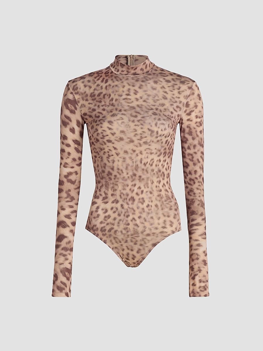 Women's Leopard-Print Jersey Bodysuit - Snow Leopard - Size XS