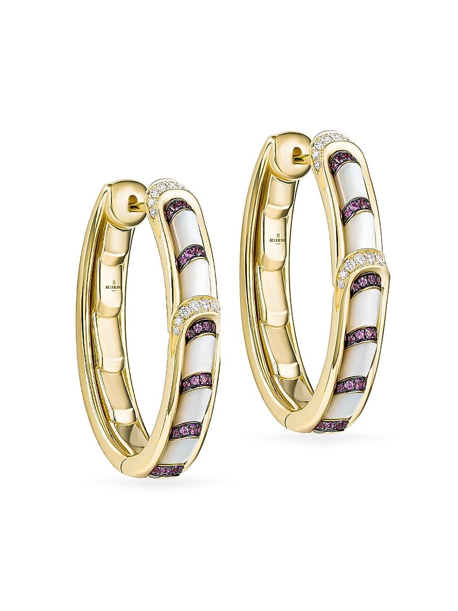 Women's Arco 18K Yellow Gold, 0.31 TCW Diamond, Pink Sapphire & Mother-Of-Pearl Hoop Earrings - Yellow Gold
