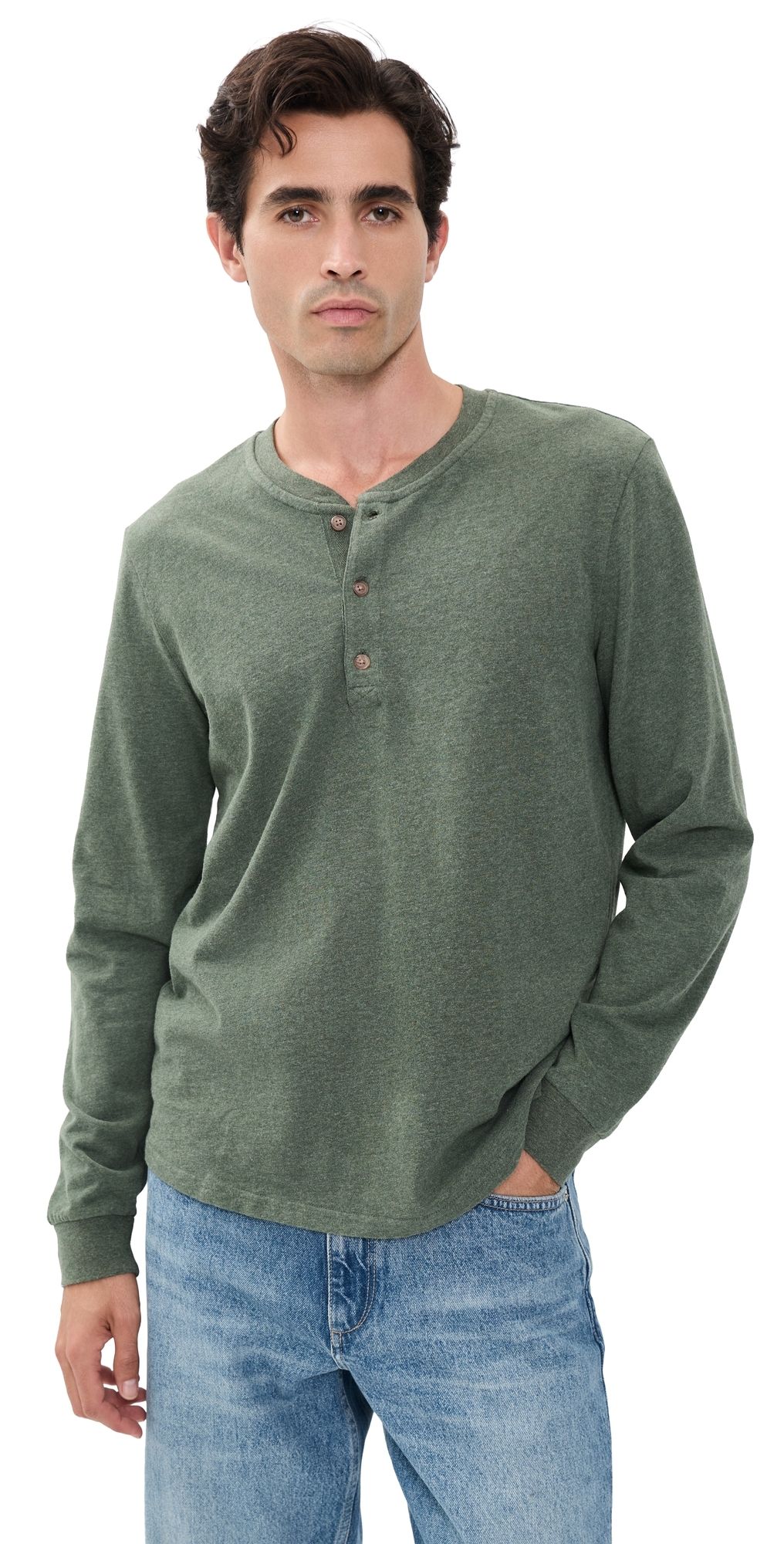Marine Layer Luxe 250 Henley Tee Balsam Green Heather S