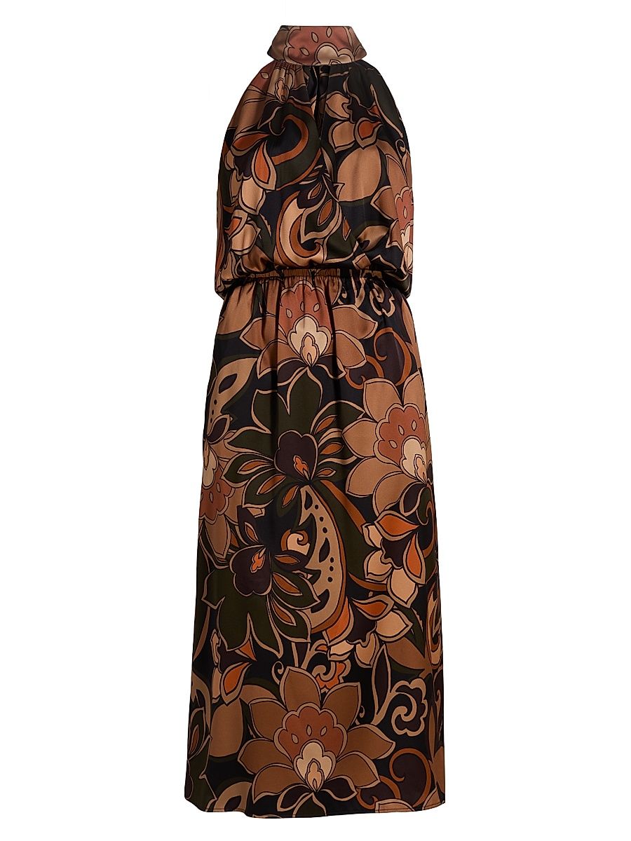 Women's Grace Floral Stretch-Silk Halterneck Midi-Dress - Boho Brown Combo - Size Large