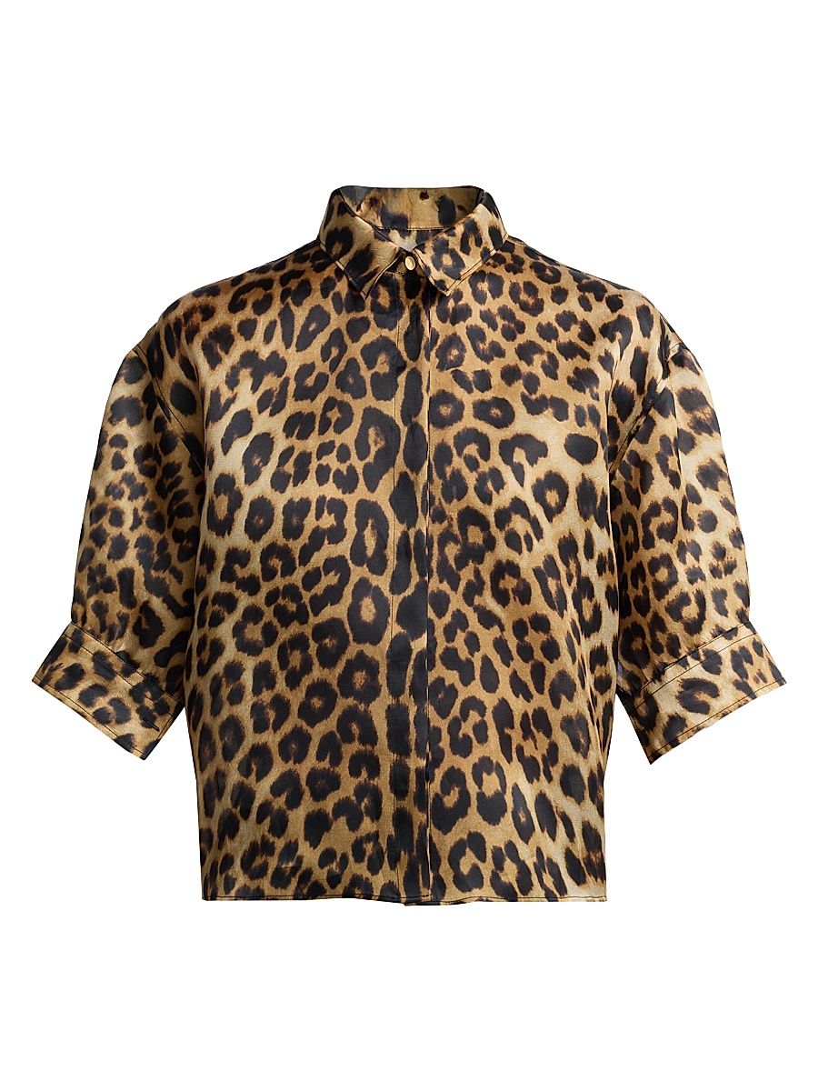 Women's Leopard-Print Silk Short-Sleeve Blouse - Size 0