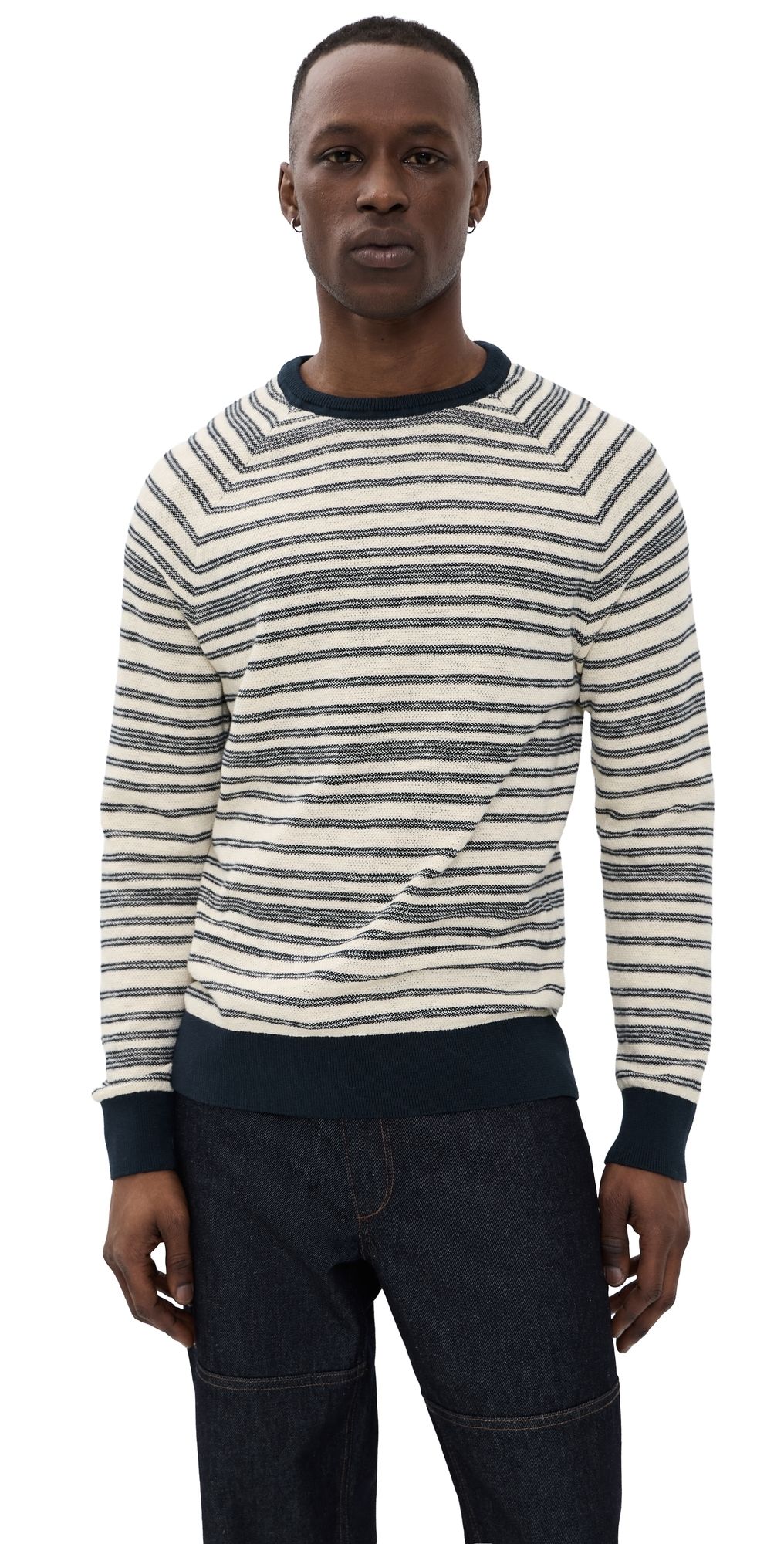 Billy Reid Raglan Stripe Crew Sweater Tinted White/Carbon Blue L