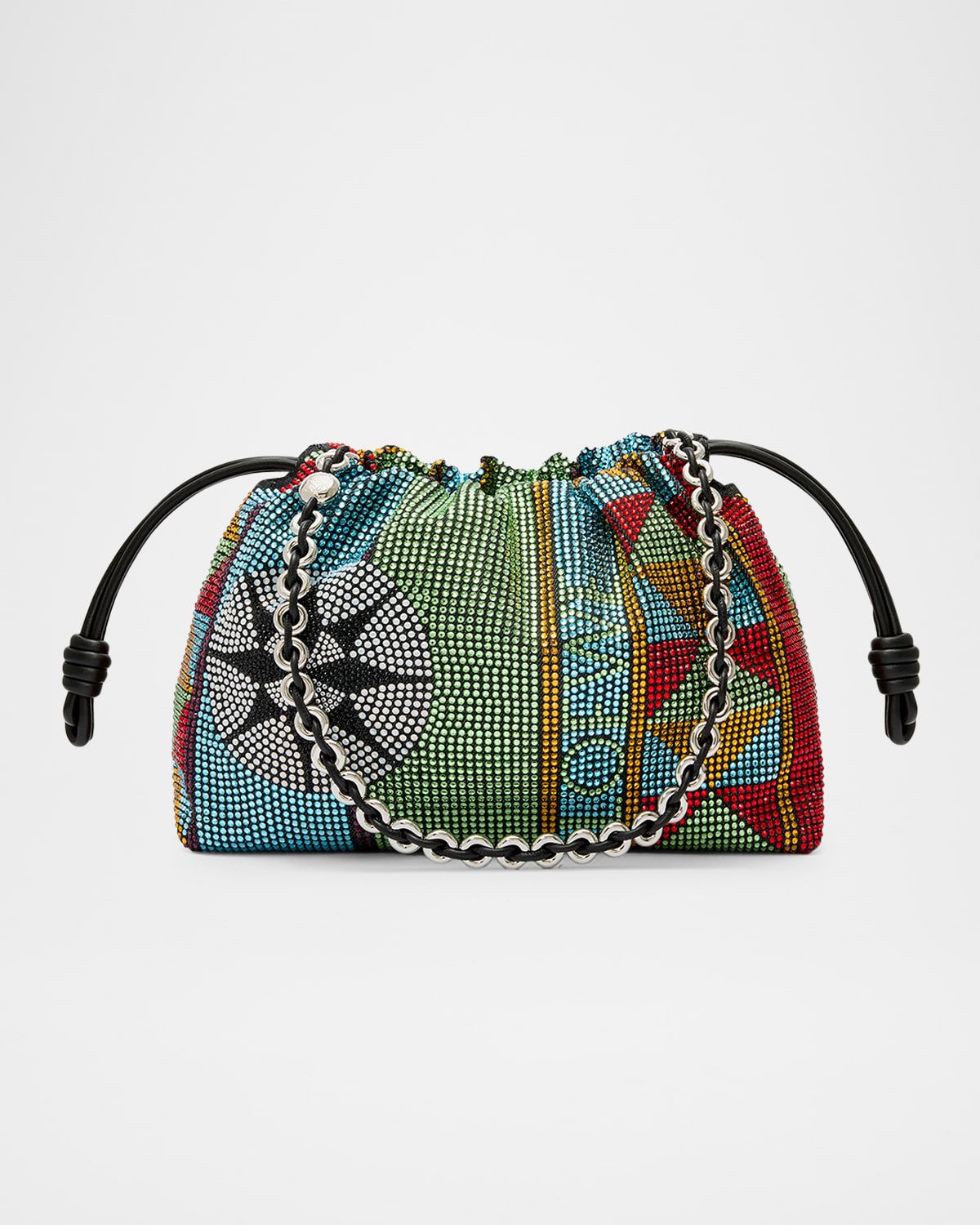 x Paula's Ibiza Flamenco Medium Embellished Shoulder Bag in Denim-Print Leather