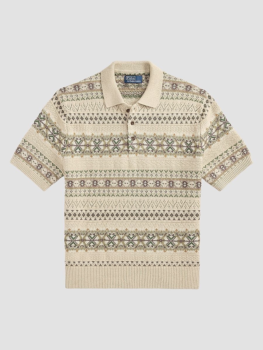 Men's Fair Isle Cotton-Linen Knit Polo Shirt - Tan Combo - Size Large