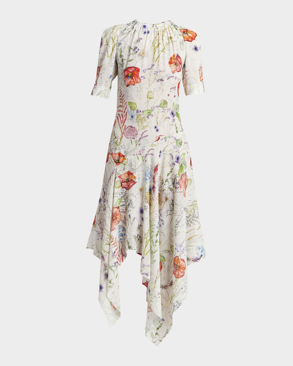 Floral Short-Sleeve Handkerchief Midi Day Dress