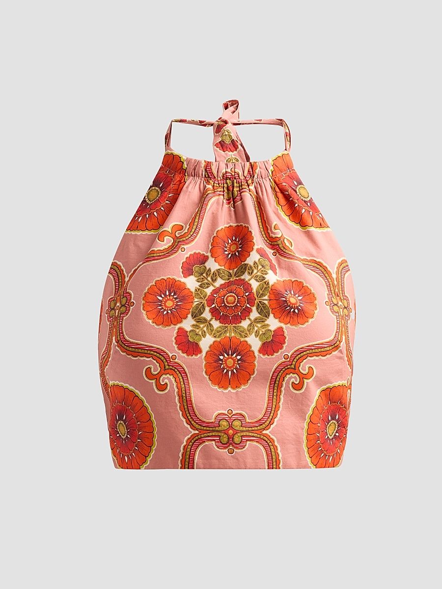 Women's Dahlia Poplin Halterneck Top - Mod Floral Brick - Size XL