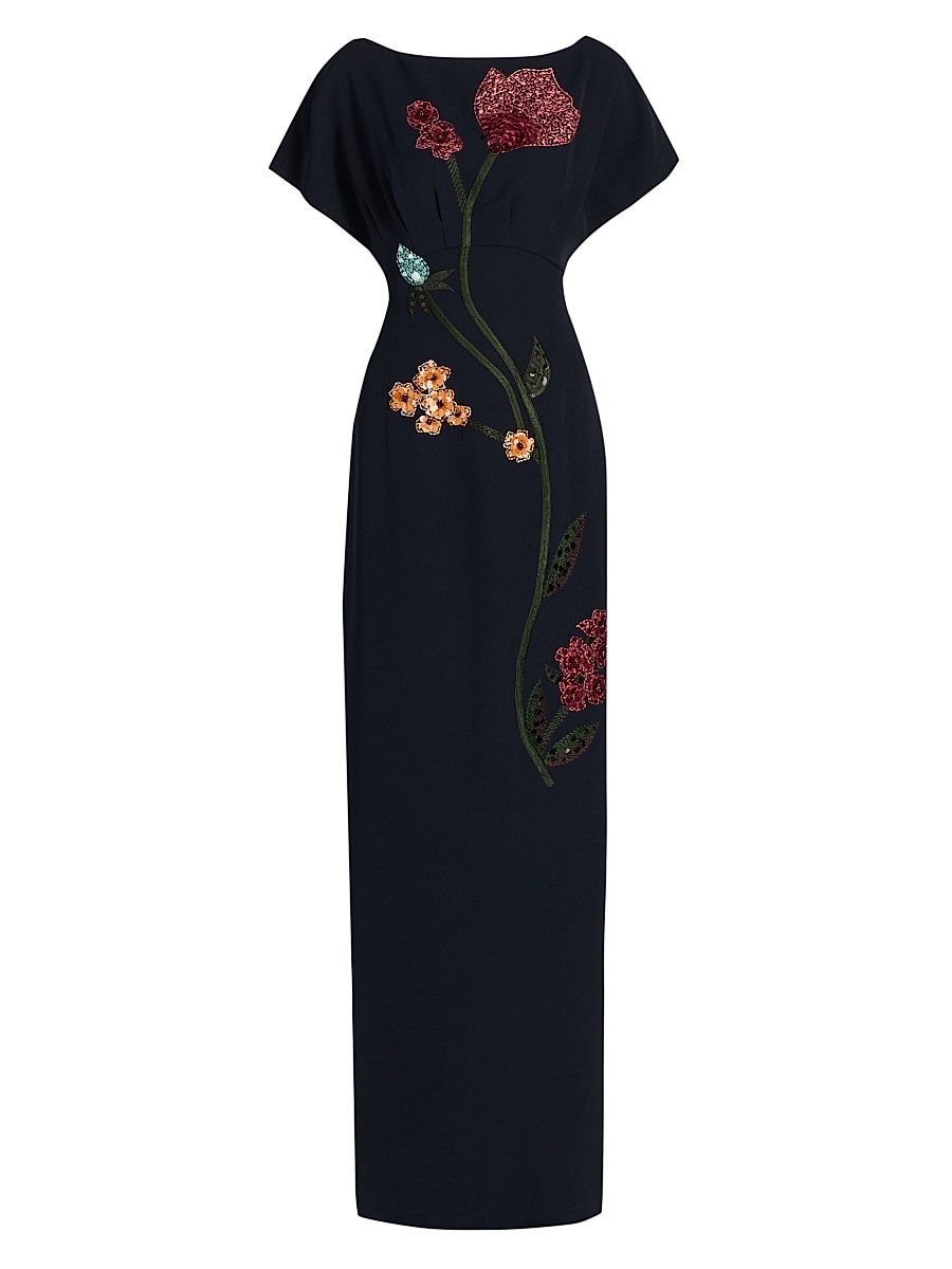 Women's Savannah Floral Embroidered Sheath Gown - Navy - Size 4