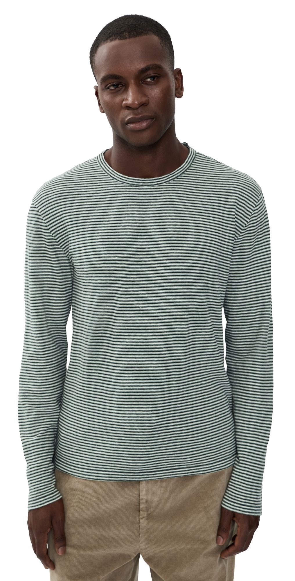 Officine Generale Cotton Linen Stripe Tee Green/Grey/White XL