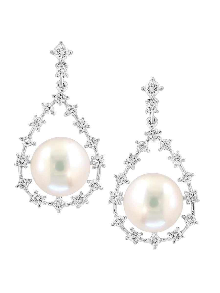Women's 14K White Gold, Freshwater Pearl & 0.52 TCW Diamond Drop Earrings - White Gold