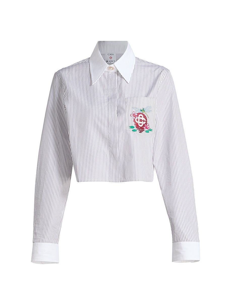 Women's Embroidered Striped Crop Shirt - Stripe Shirting White - Size Medium