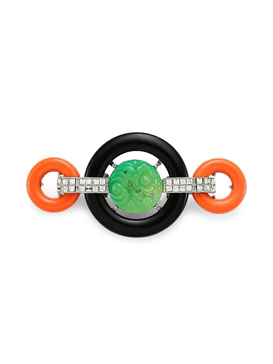Women's Crystal-Embellished Carved Deco Brooch - Jade Coral