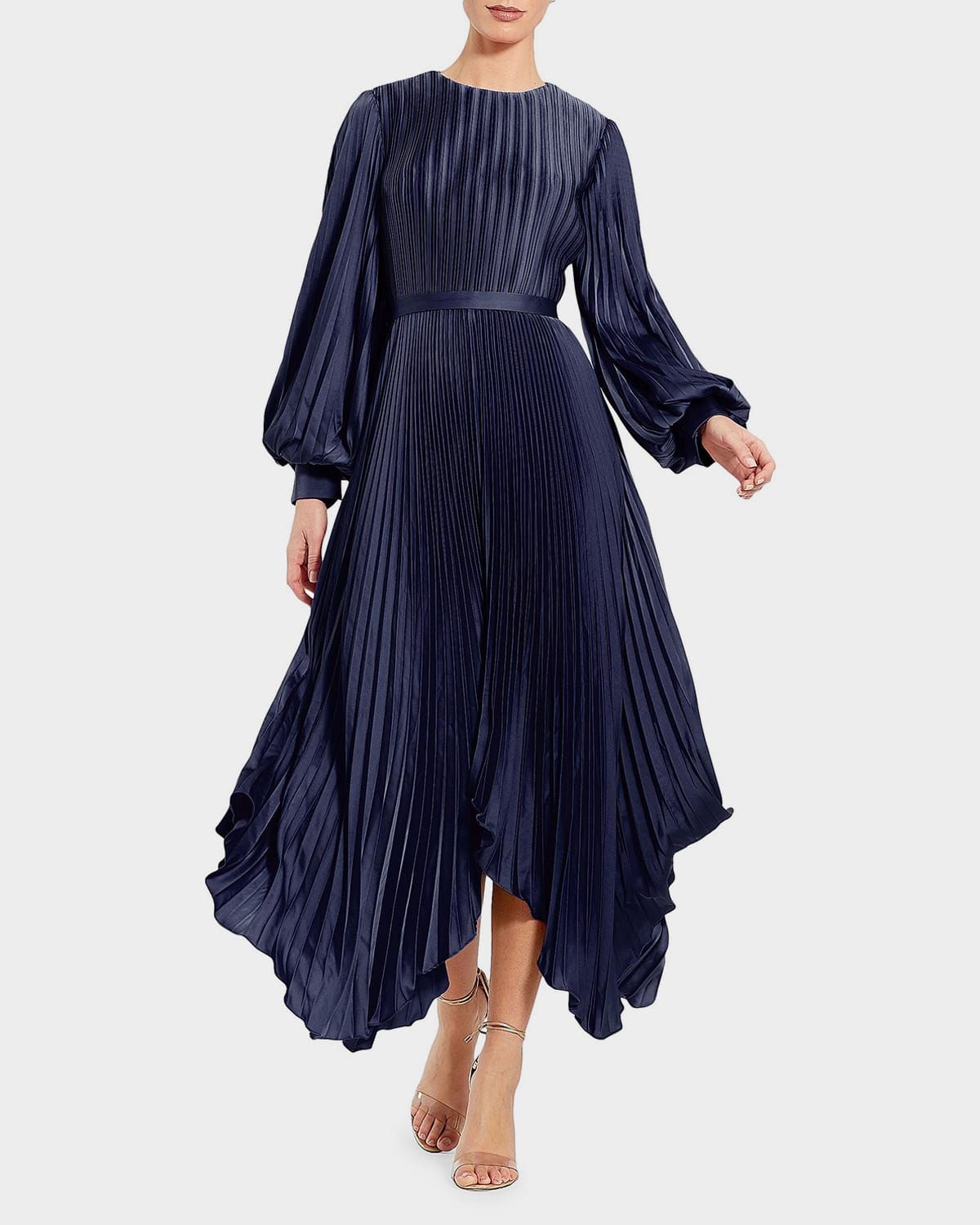 Pleated Satin Handkerchief Midi Dress