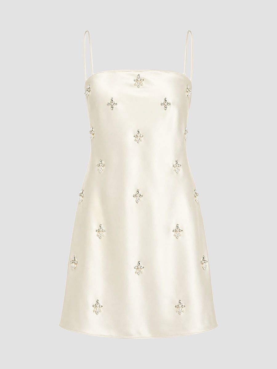 Women's Dotty Embellished Satin Mini Dress - Cream - Size Small