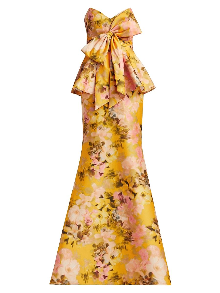 Women's Floral Peplum-Waist Gown - Yellow Multi - Size 16