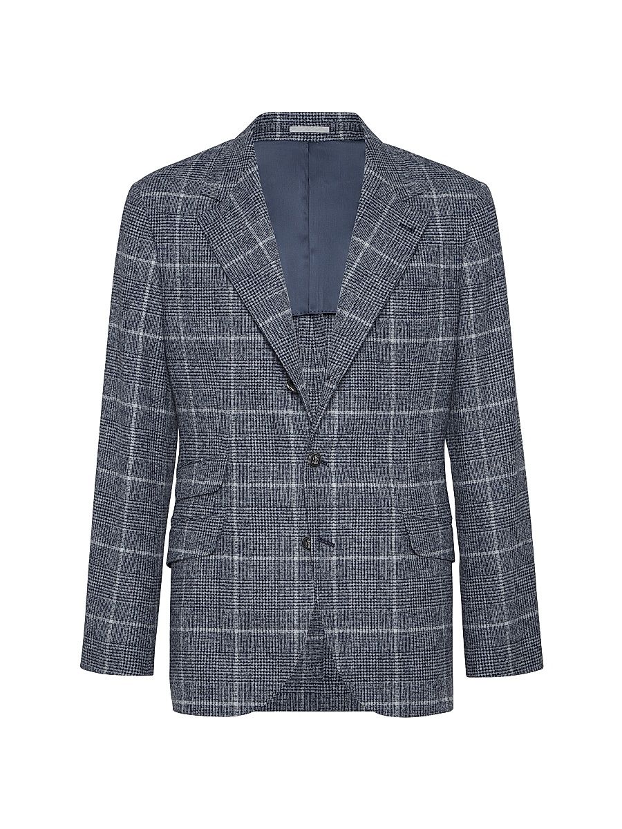 Men's Prince of Wales Deconstructed Cavallo Blazer with Metal Buttons - Denim - Size 48