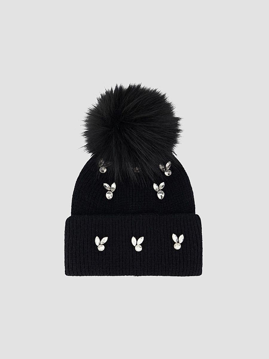 Women's Knit Beanie Hat with Fox Pompom - Black