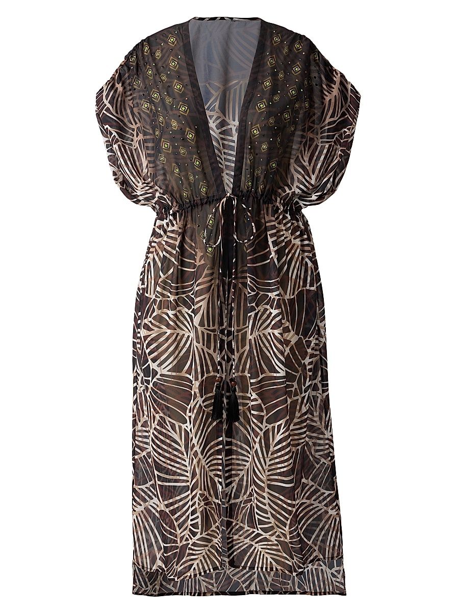 Women's Lets Be Fronds Leaf-Print Kimono-Style Cover-Up - Black Multi - Size Large