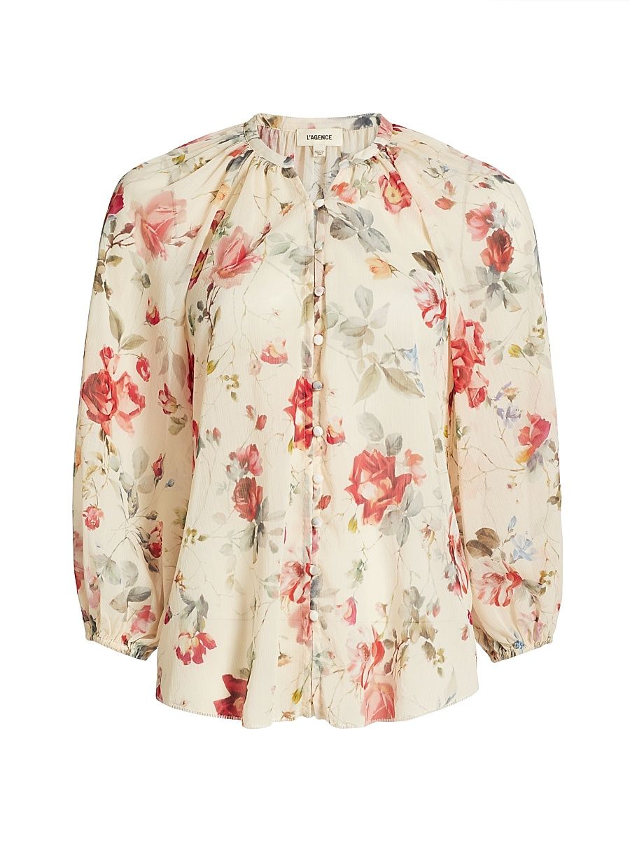 Women's Teagan Floral Dolman-Sleeve Blouse - Ivory Multi Watercolor Floral - Size Large