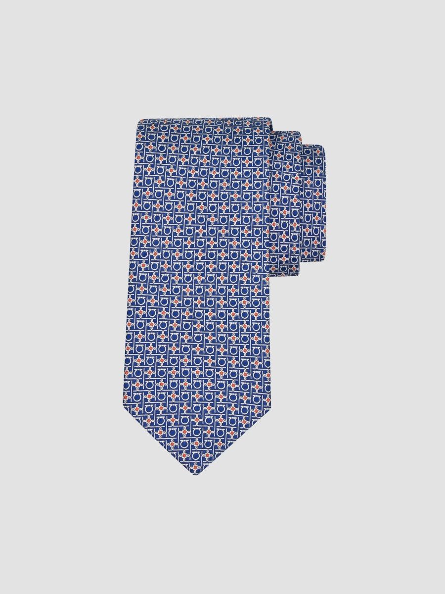 FERRAGAMO Men's Gancini-Print Silk Tie - Navy Rosso