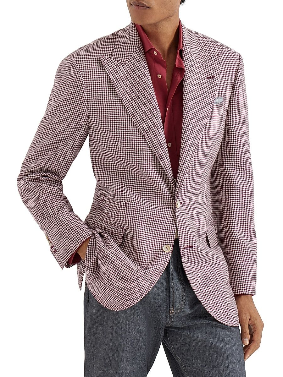 Men's Virgin Wool, Silk and Linen Houndstooth Tailor Blazer - Cherry - Size 40