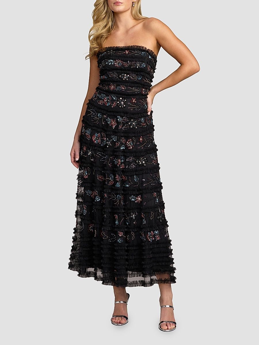 Women's Floral Ruffled Mesh Strapless Midi Dress - Black Multi - Size 14