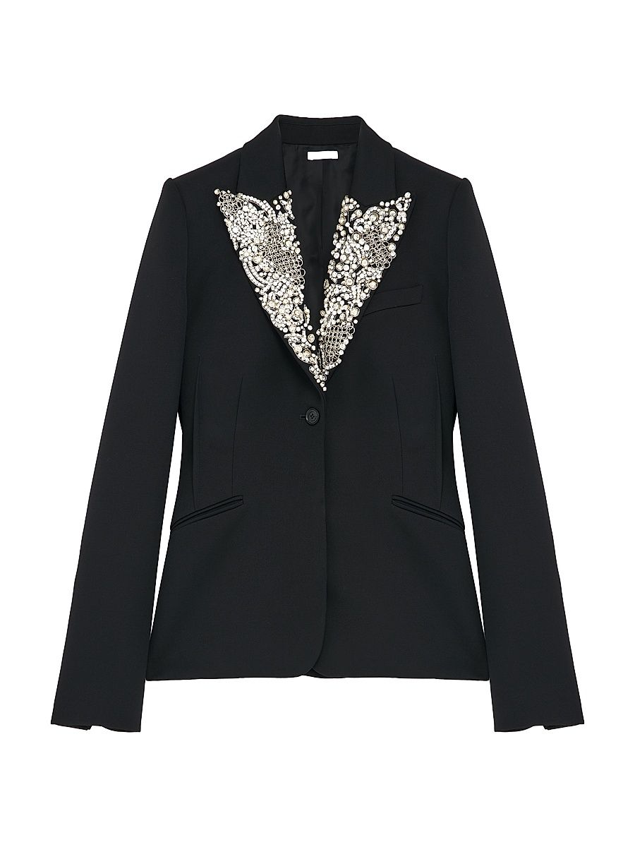 Women's Embellished Lapel Wool Blazer - Black - Size 10