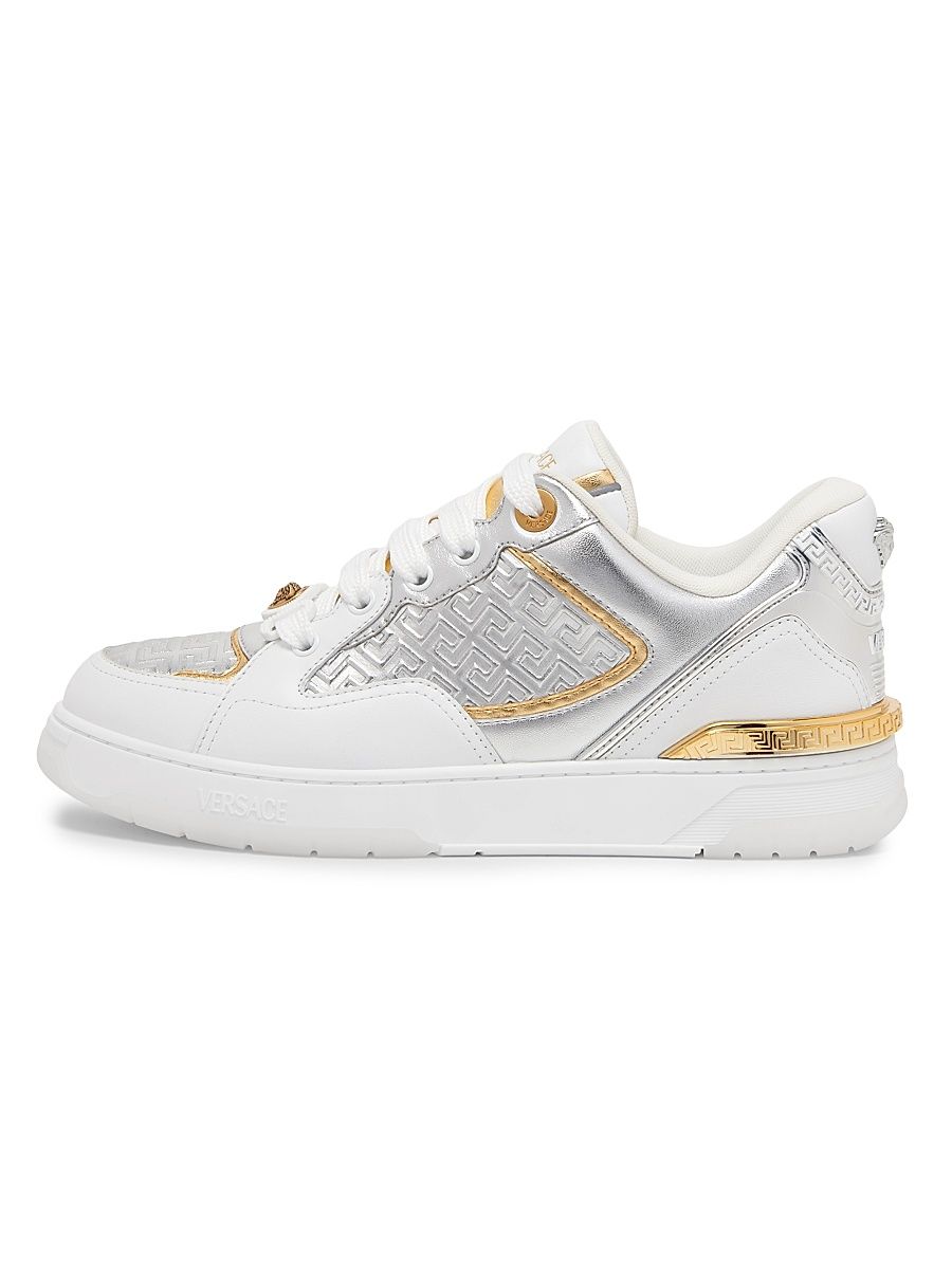 Men's Laminated Leather Sneakers - White Silver - Size 7