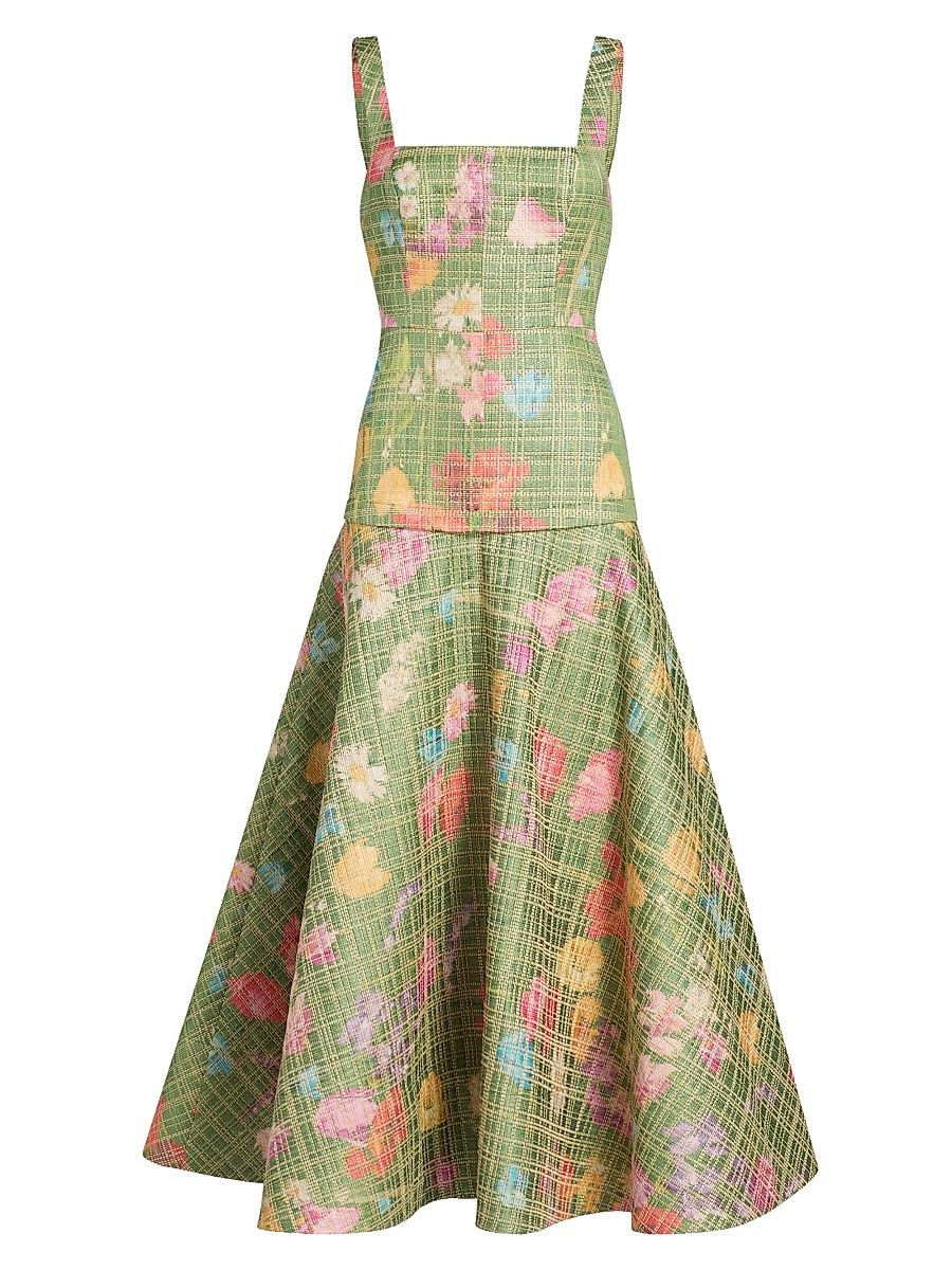 Women's Floral Raffia Drop Waist Midi-Dress - Cactus - Size 16