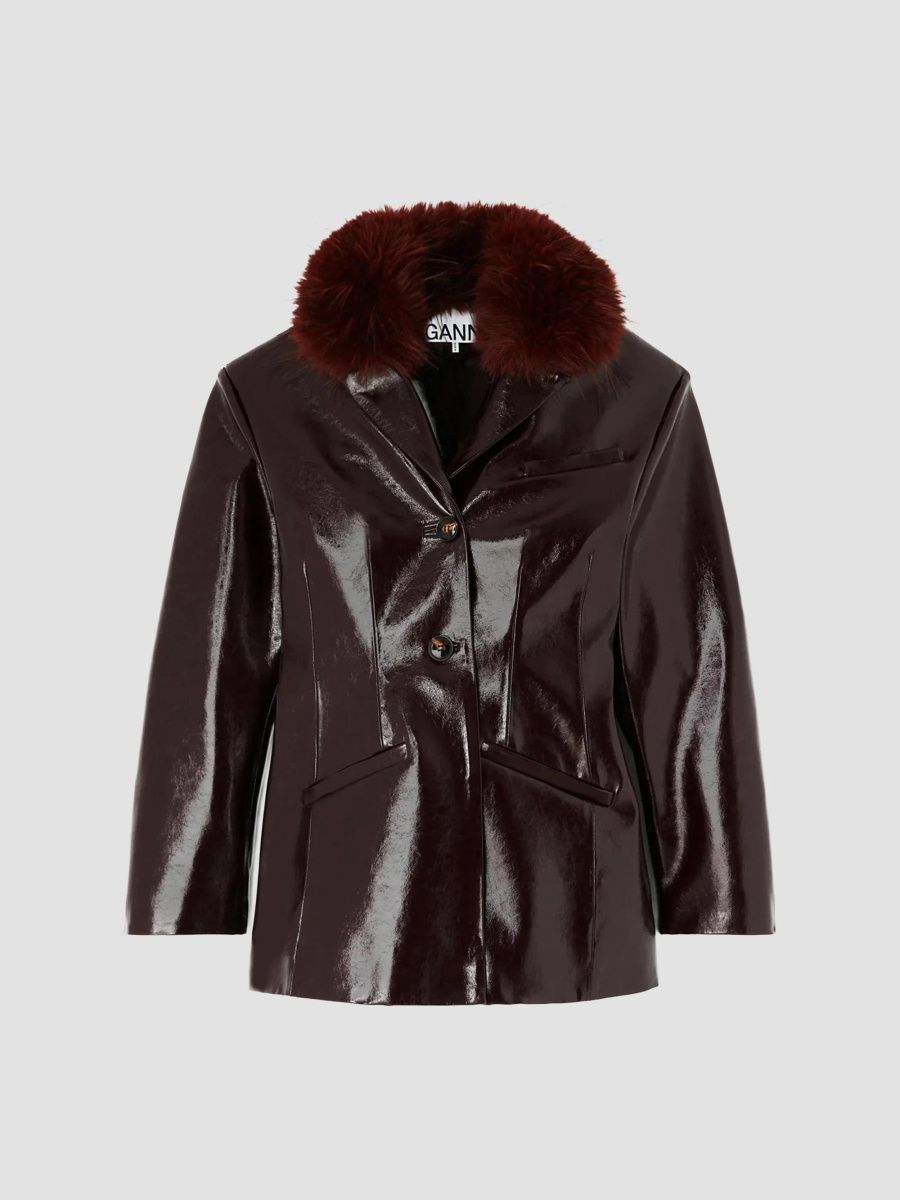 Ganni Women's Future Faux-Fur Collar Jacket - Demitasse - Size 10