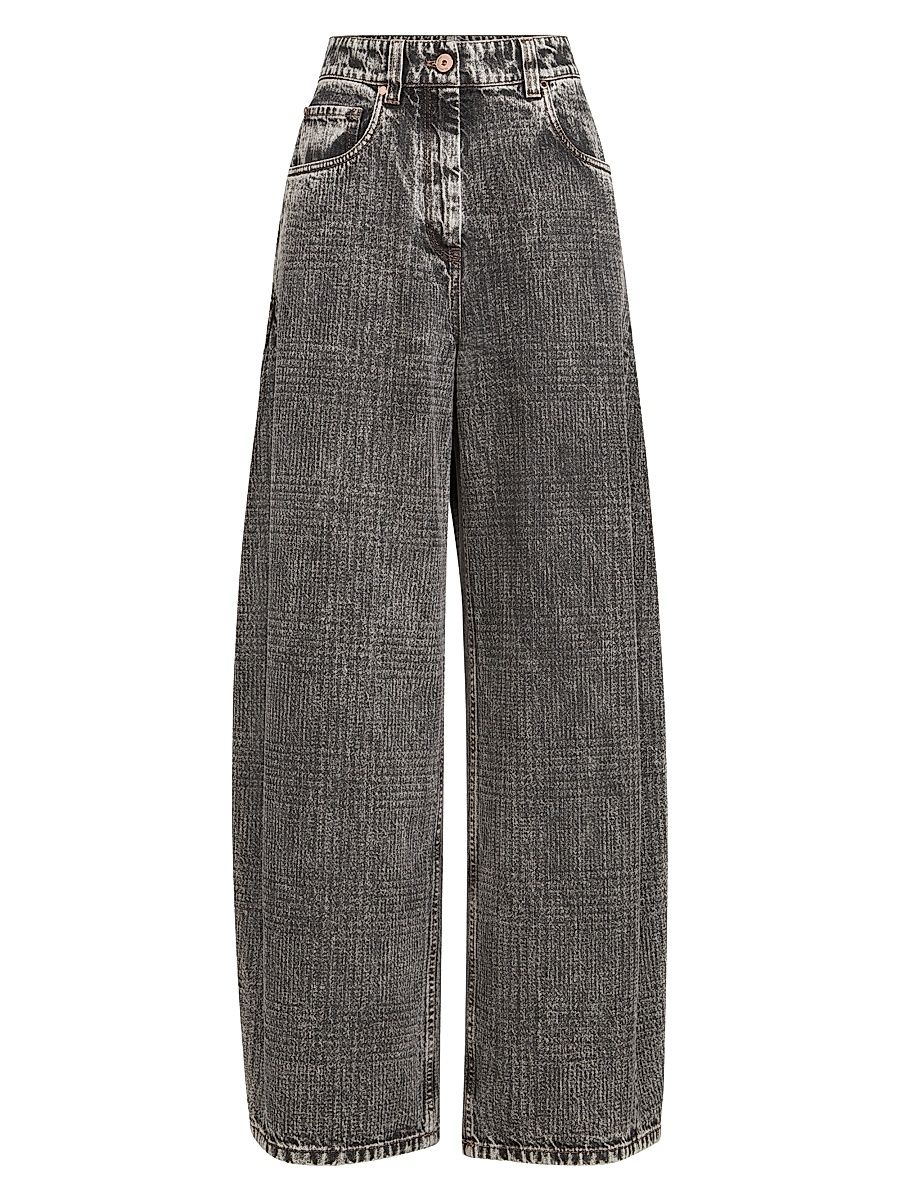 Women's Prince of Wales Denim Wide Trousers with Monili - Dark Grey - Size 6