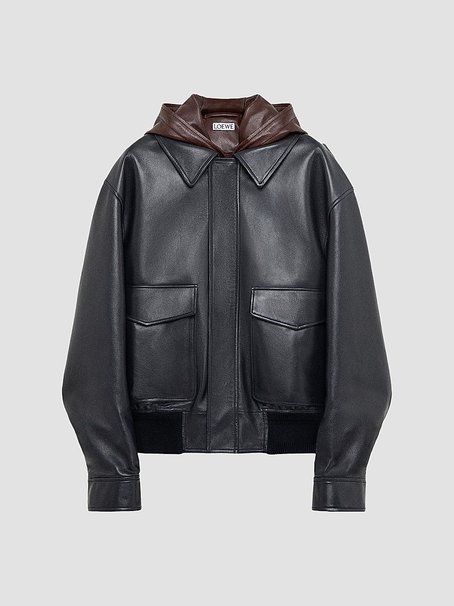 Men's Leather Hooded Jacket - Black - Size 38