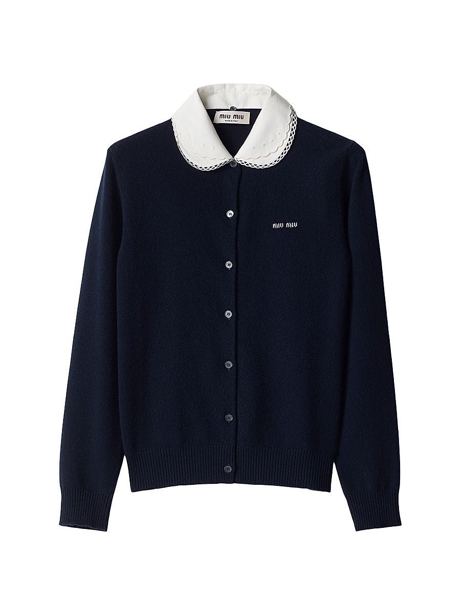 Women's Cashmere Cardigan with Embroidered Poplin Collar - Blue - Size 6