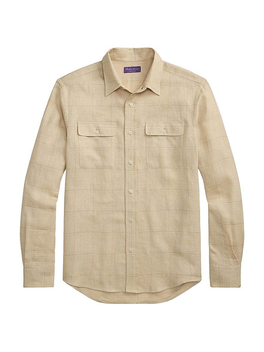 Men's Windowpane-Checked Linen-Blend Sport Shirt - Classic Tan - Size XXL