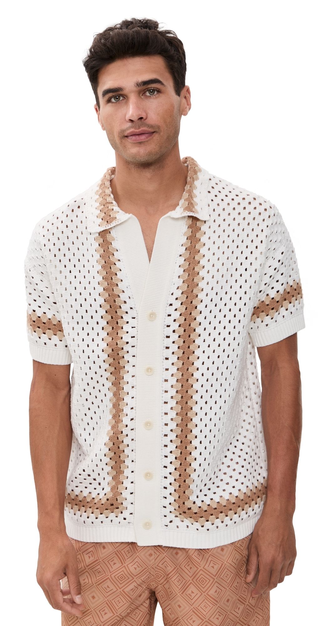 Frescobol Carioca Pinto Cotton Short Sleeve Crochet Cardigan Ivory L