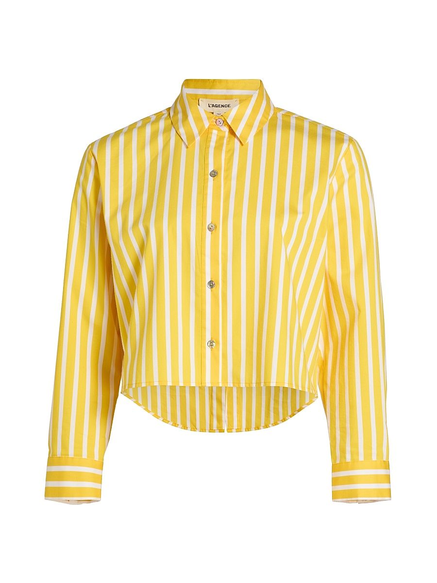 Women's Cosette Stripe Crop High-Low Button-Front Shirt - Dandelion White Stripe - Size XS