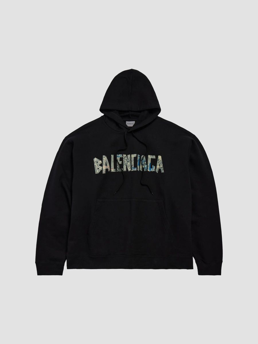 Balenciaga Men's Silver Tape Oversized Hoodie - Black - Size XXL