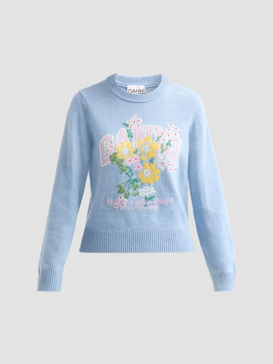Ganni Women's Floral Graphic Wool-Blend Sweater - Blue Bonnet - Size XXS