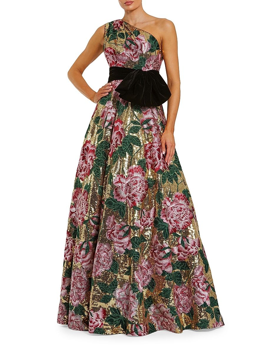 Women's Velvet Bow One-Shoulder Sequin Ballgown - Gold Multi - Size 16