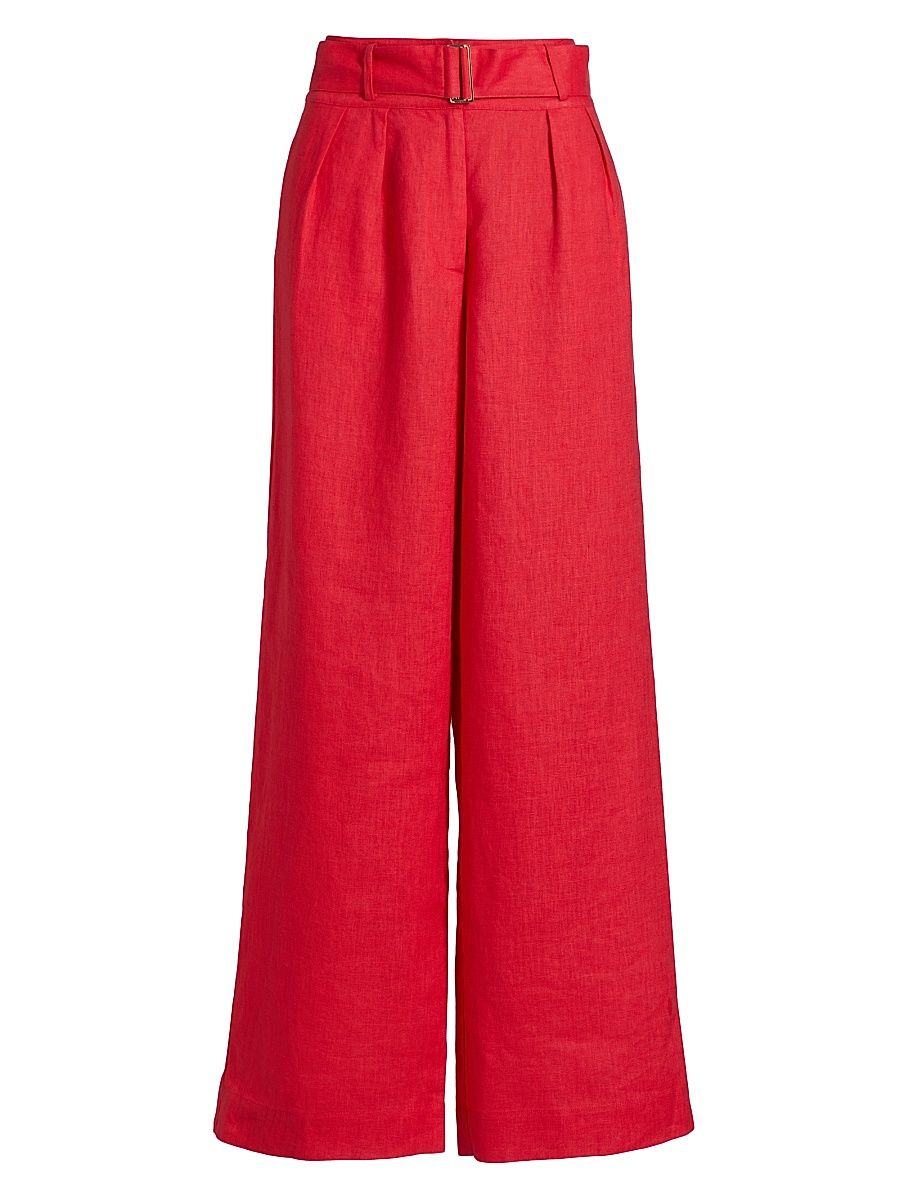 Women's Alina Belted Pleated Linen Wide-Leg Pants - Bright Red - Size 4