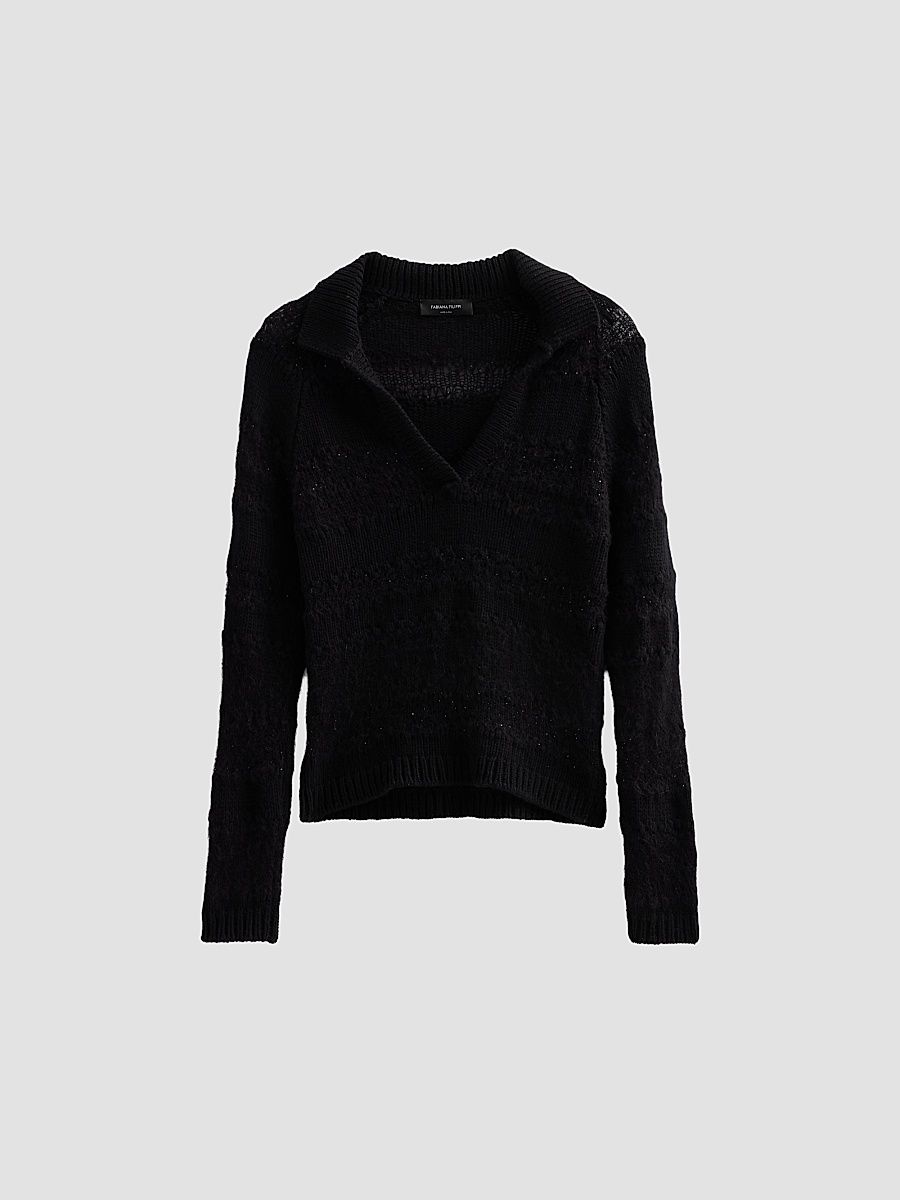 Fabiana Filippi Women's Platinum Johnny Collar Wool-Silk Blend Polo Sweater - Nero - Size 10