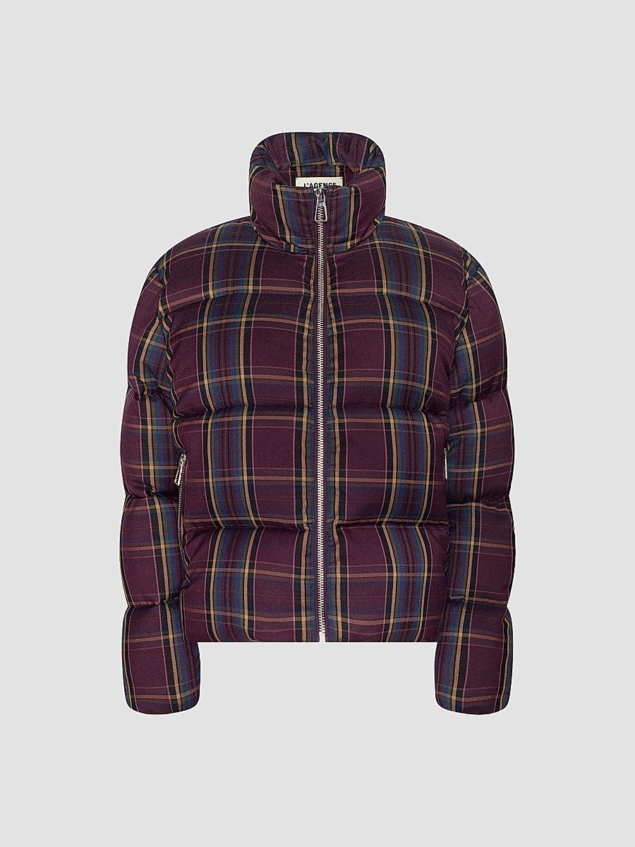 L'AGENCE Women's Larsa Oversized Puffer Jacket - Burgundy Multi Plaid - Size XL