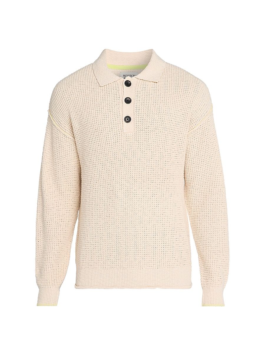 Men's Waffle Stitch Polo Sweater - Eggnog - Size Large