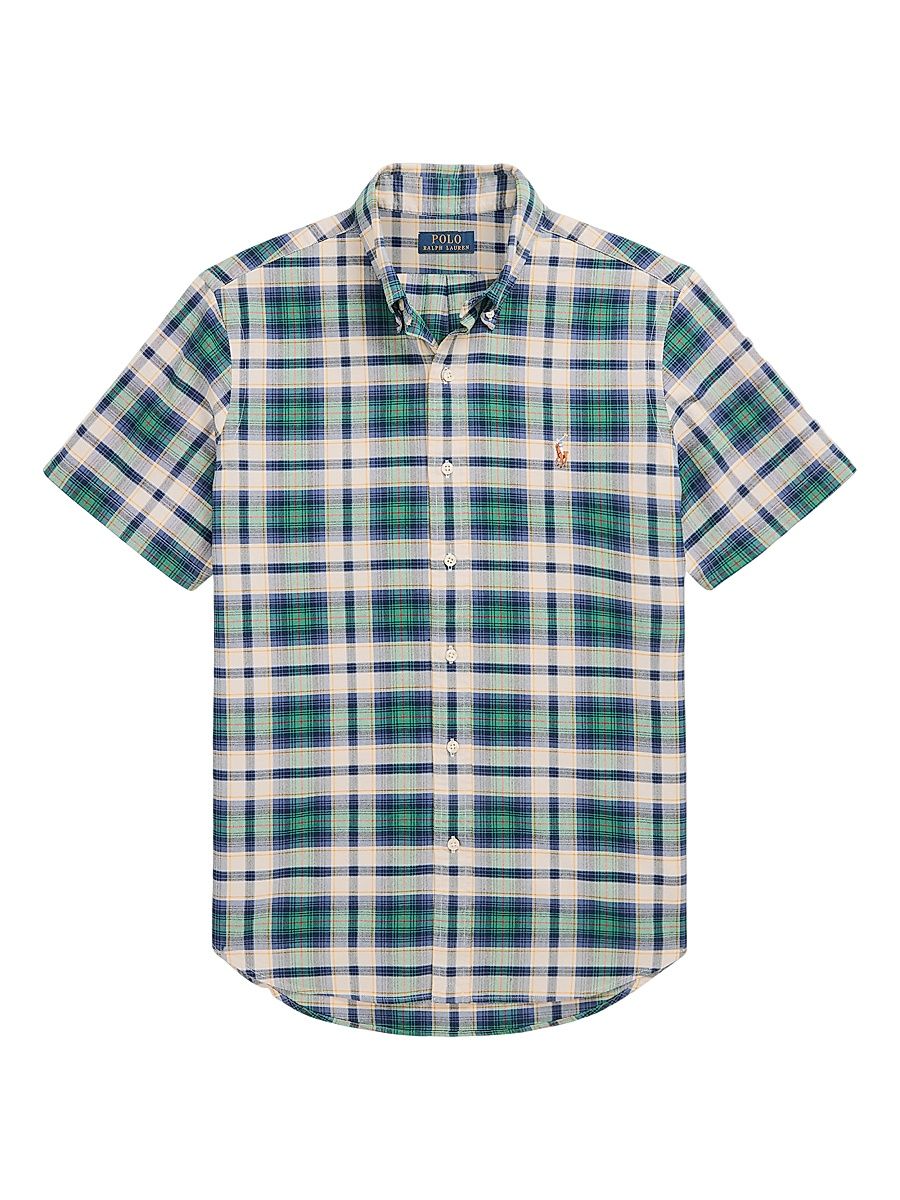 Men's Plaid Cotton Short-Sleeve Oxford Shirt - White Green Multi - Size XXL