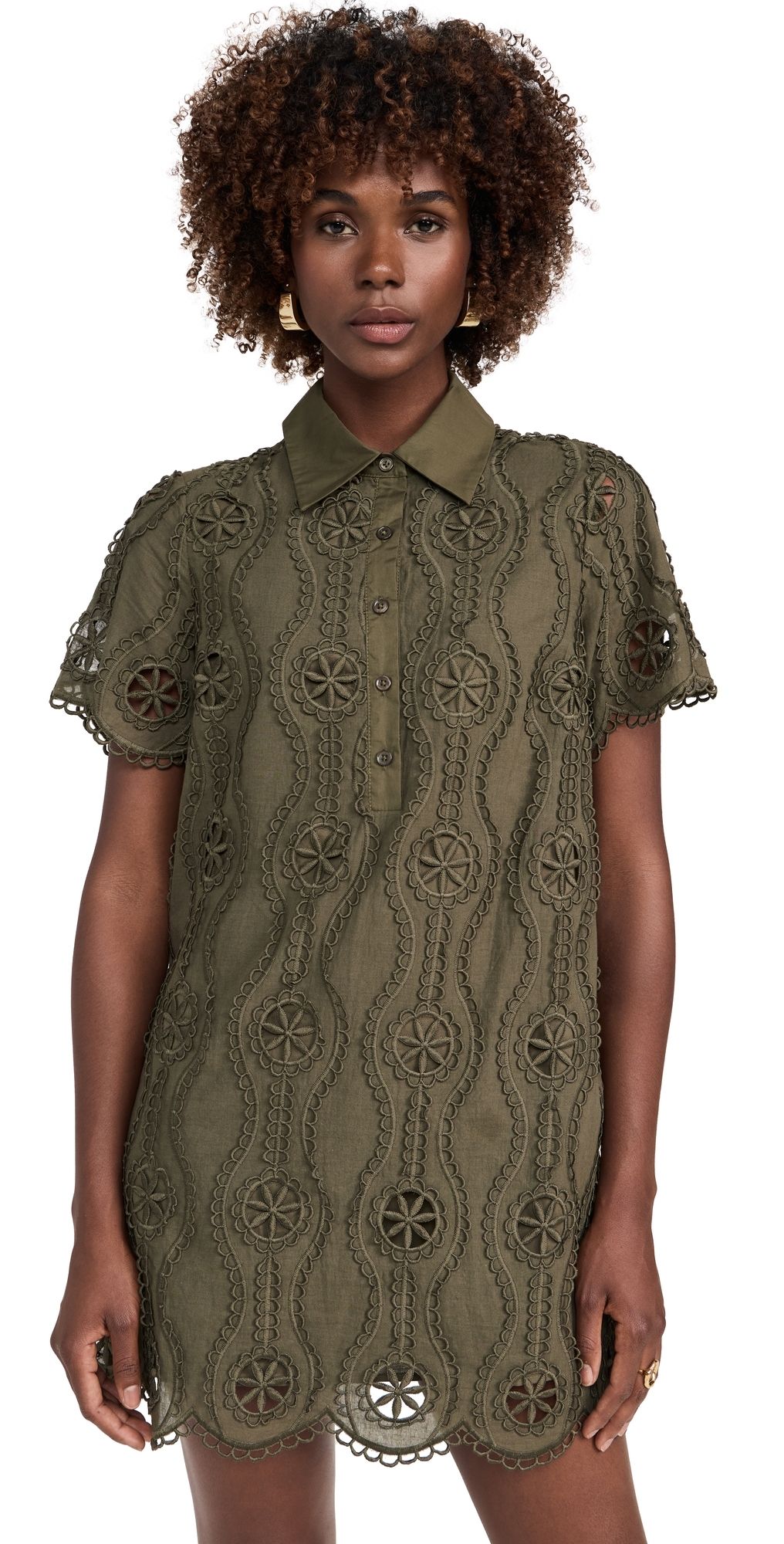 English Factory Scallop Embroidered Mini Dress Olive XS