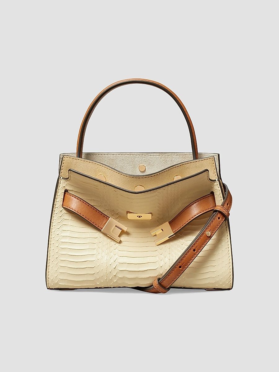 Tory Burch Women's Lee Radziwill Small Snake-Embossed Leather Top Handle Bag - Butter