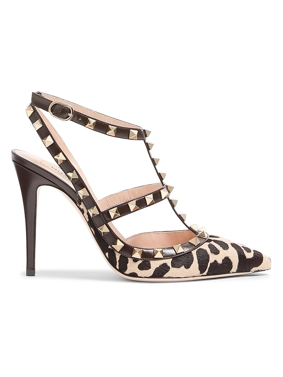 Women's Rockstud Pumps with 100MM Straps in Pony-Effect Calfskin - Natural Brown - Size 12