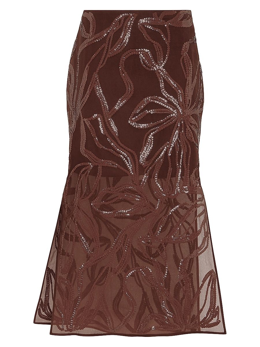 Women's Crispy Silk Couture Column Skirt with Dazzling Floral Embroidery - Brown - Size 00