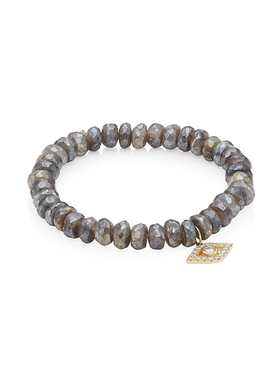 Women's 14K Yellow Gold, Mystic Labradorite & Diamond Evil Eye Charm Bracelet - Grey