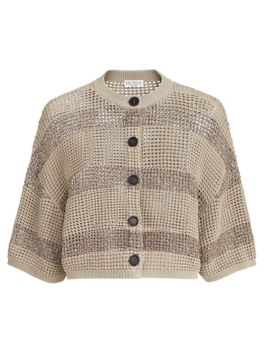 Women's Cotton Net Cropped Cardigan with Dazzling Stripes - Sand - Size XXL