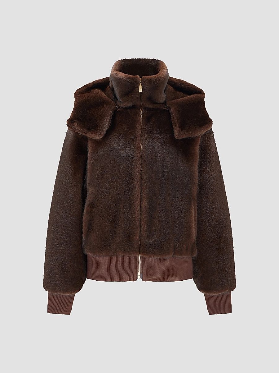 Lyla Grant Women's Mink Hooded Jacket with Knitted Cuffs and Bottom - Dark Brown - Size Small